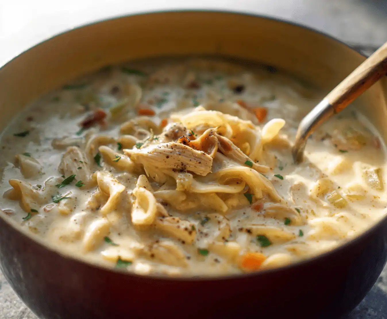Creamy Poultry Pasta Soup with Carrot and Spinach