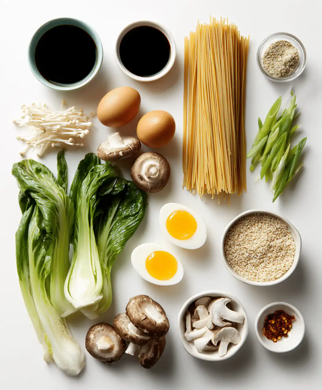 Homemade ramen ingredients arranged on kitchen counter