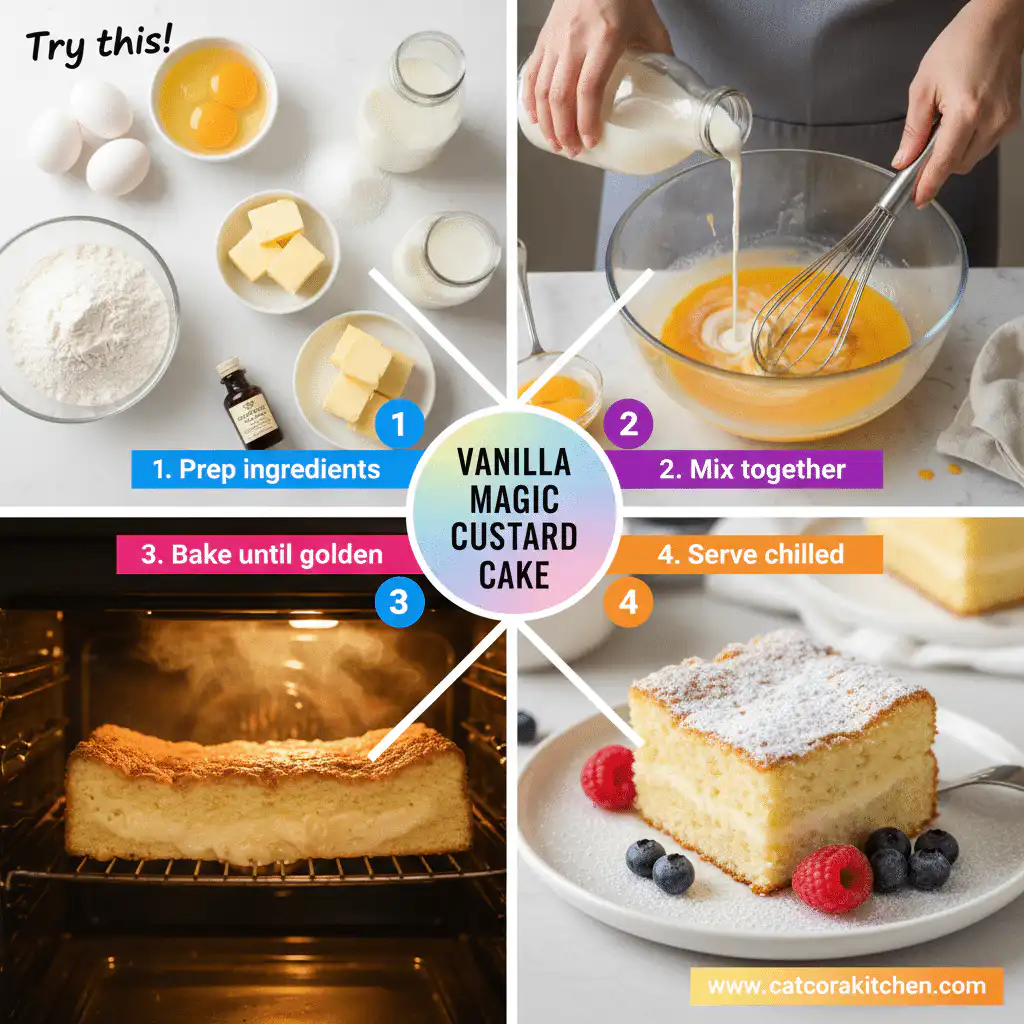 card recipe ingredients and instructions Vanilla Magic Custard Cake