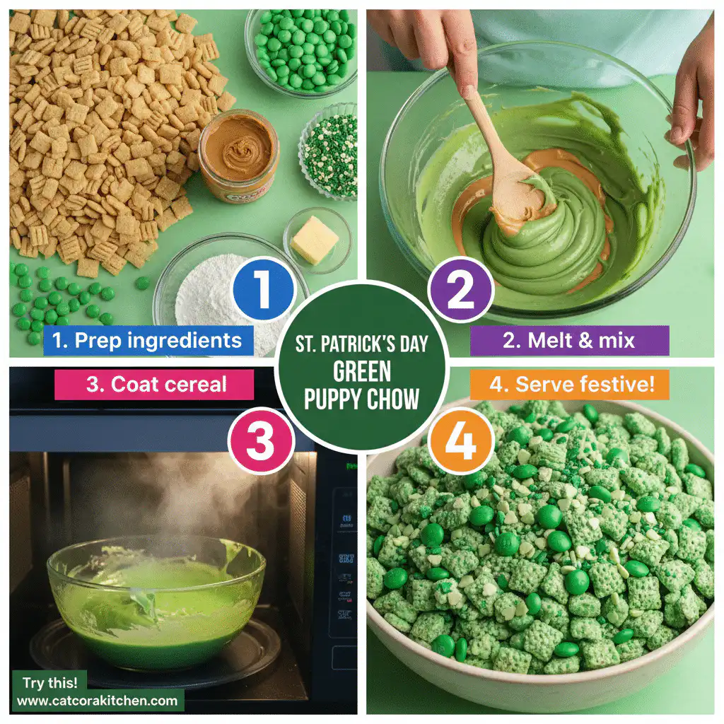 card recipe ingredients and instructions St Patrick's Day puppy chow green snack mix
