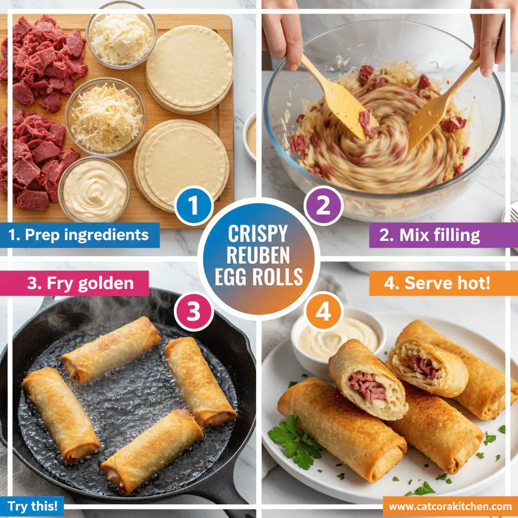 card recipe ingredients and instructions crispy Reuben egg rolls
