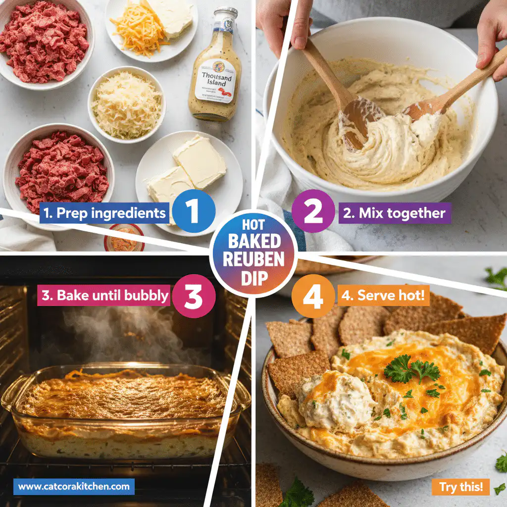 card recipe ingredients and instructions hot baked Reuben dip