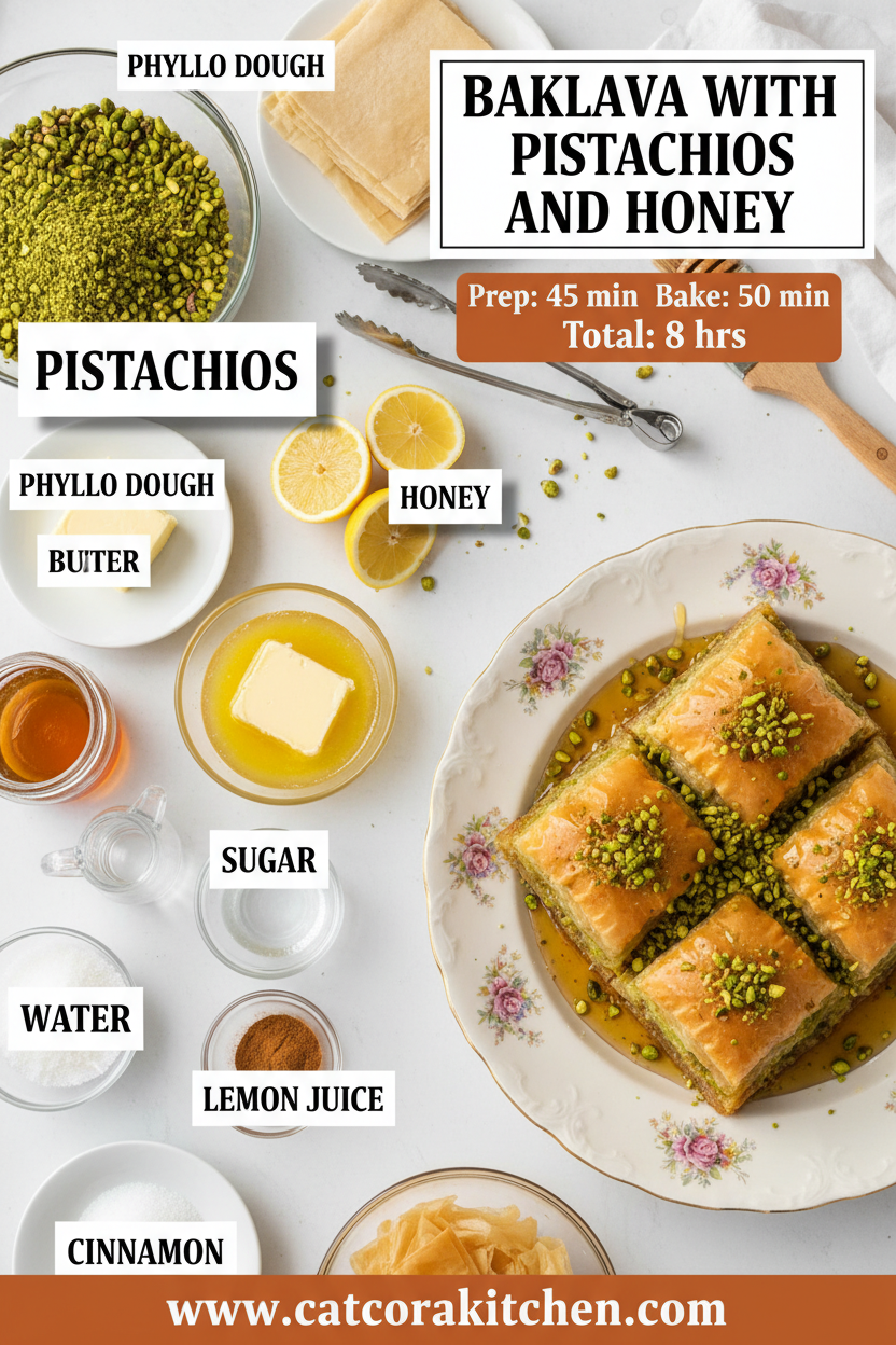 Baklava with pistachios and honey ingredients