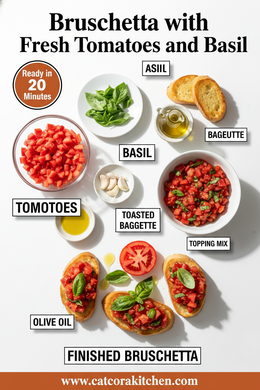 Bruschetta with fresh tomatoes and basil ingredients