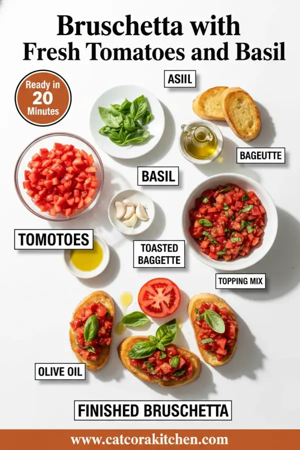 Bruschetta with fresh tomatoes and basil ingredients