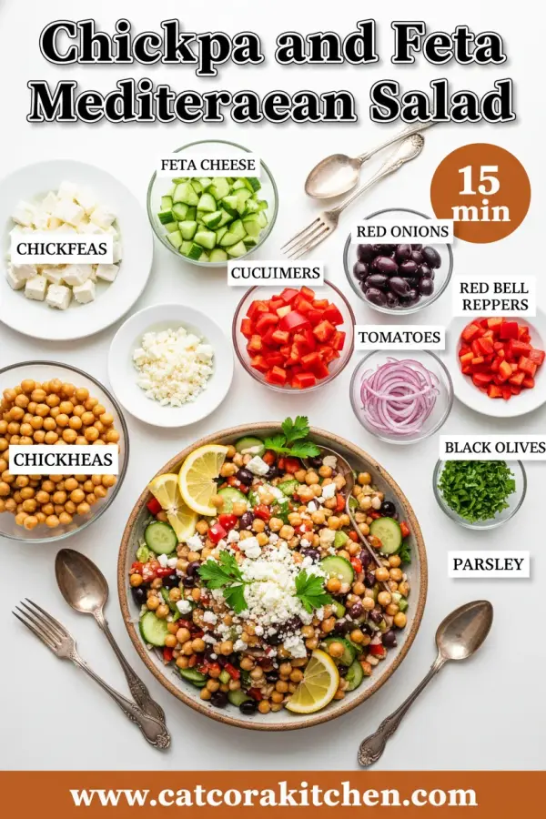 Chickpea and feta Mediterranean salad ingredients