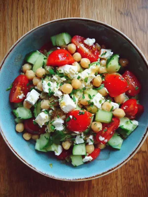 card recipe ingredients and instructions chickpea and feta Mediterranean salad