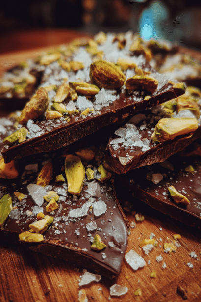 dark chocolate bark with sea salt and pistachios