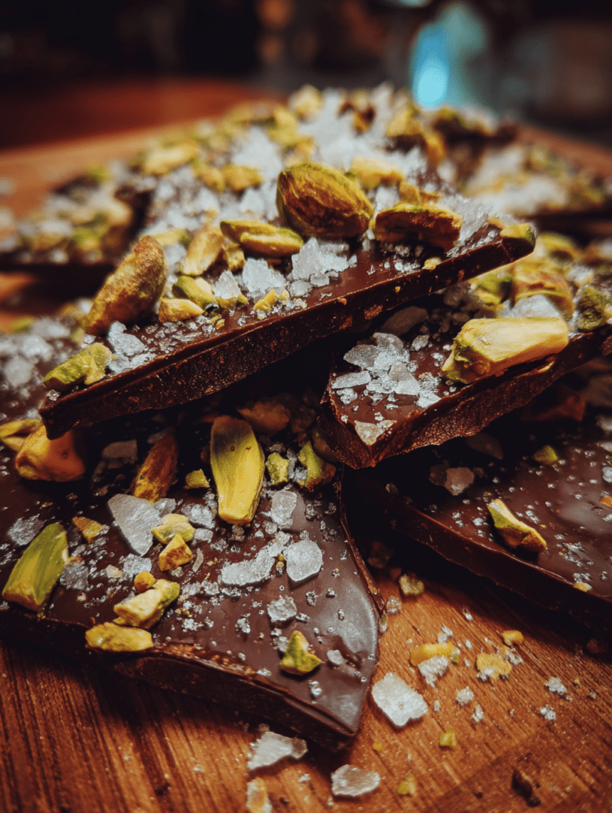 dark chocolate bark with sea salt and pistachios