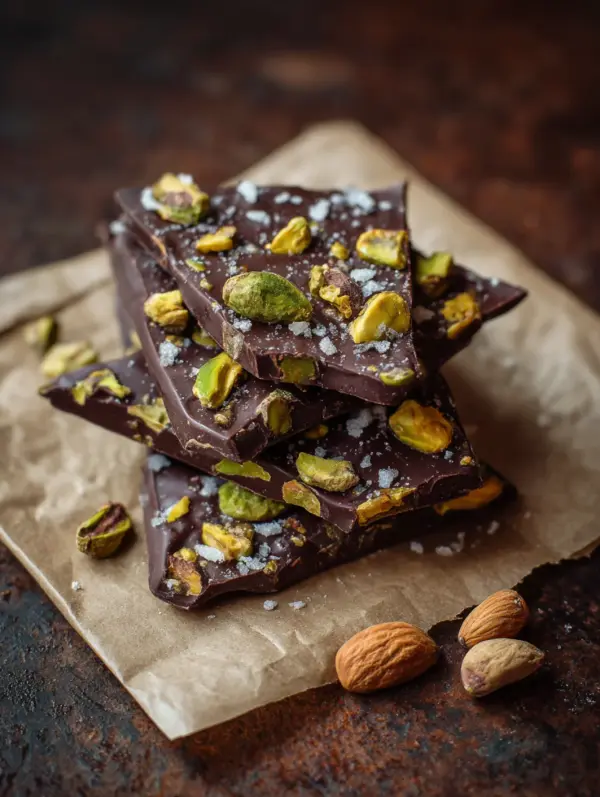 card recipe ingredients and instructions dark chocolate bark with sea salt and pistachios