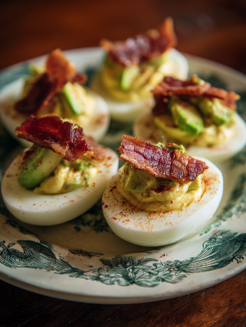 deviled eggs with avocado and bacon
