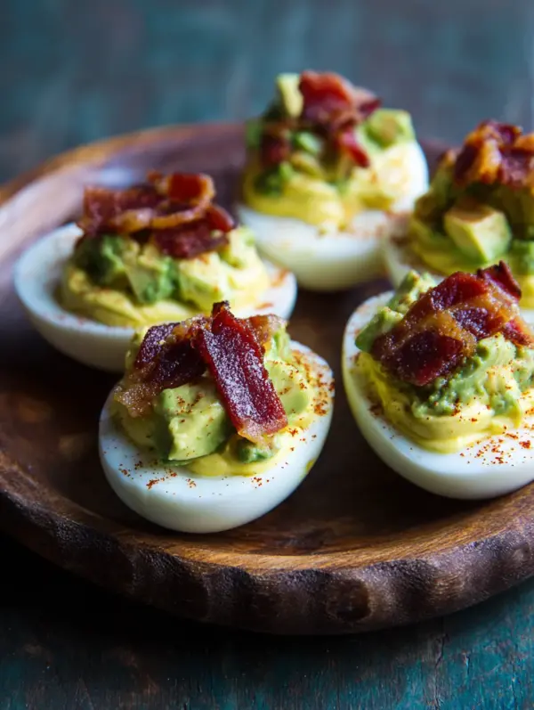 card recipe ingredients and instructions deviled eggs with avocado and bacon