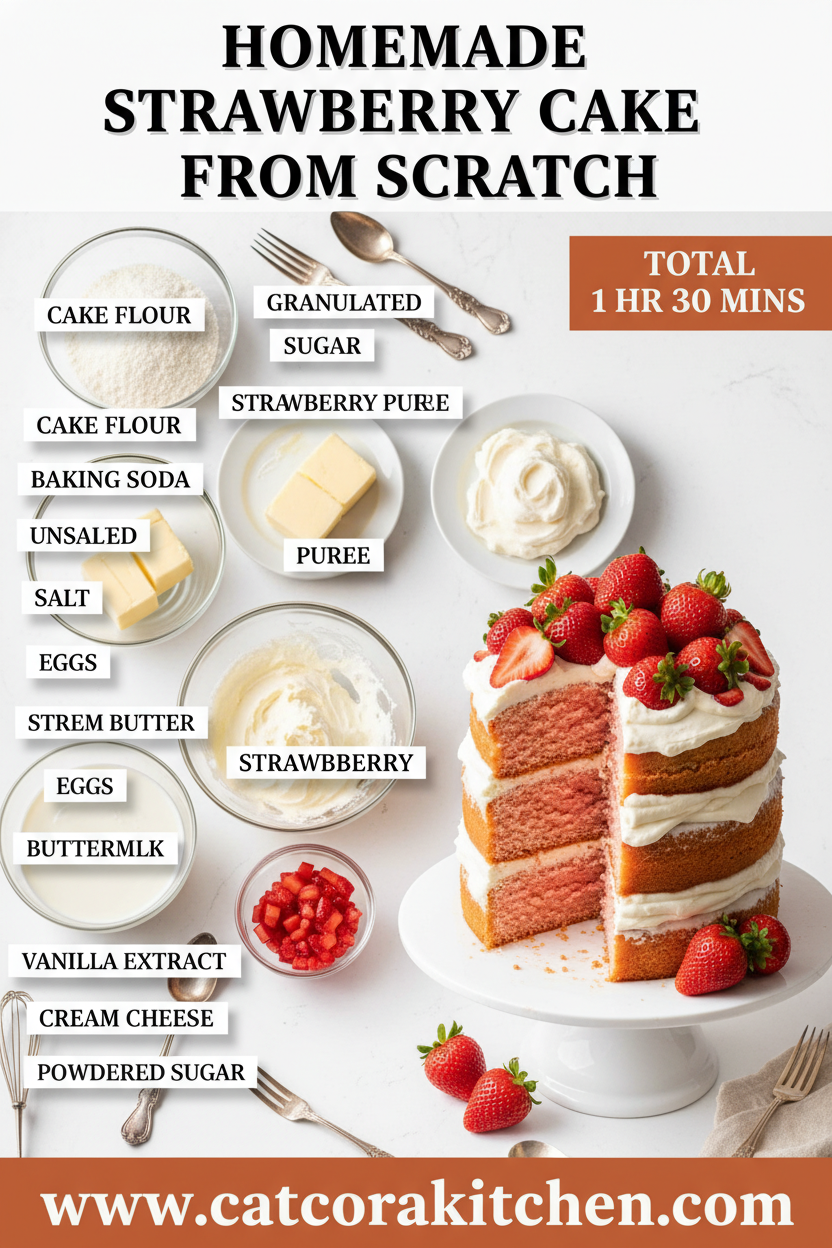 Homemade strawberry cake from scratch ingredients