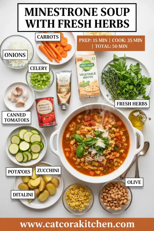 Minestrone soup with fresh herbs ingredients
