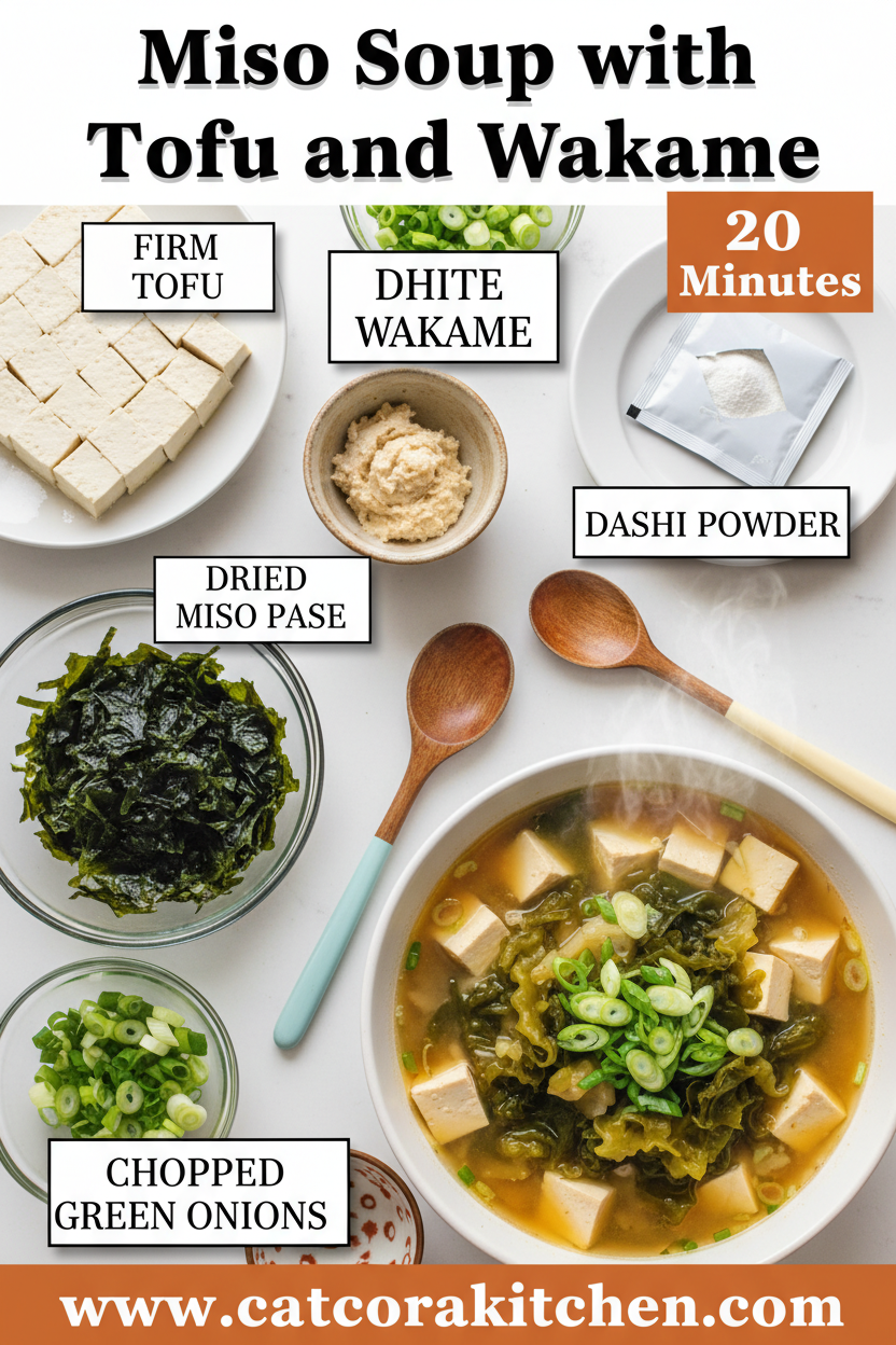 Miso soup with tofu and wakame ingredients