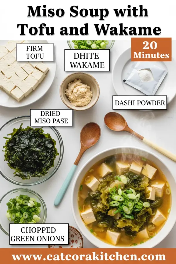 Miso soup with tofu and wakame ingredients