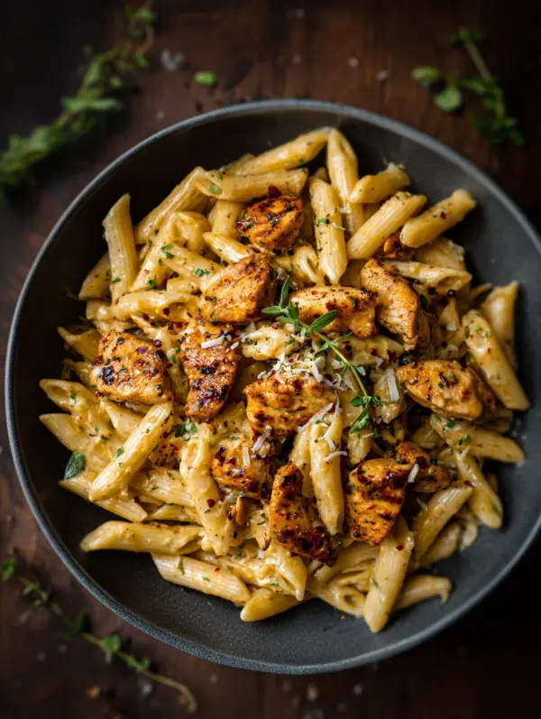 card recipe ingredients and instructions one-pan Cajun chicken pasta