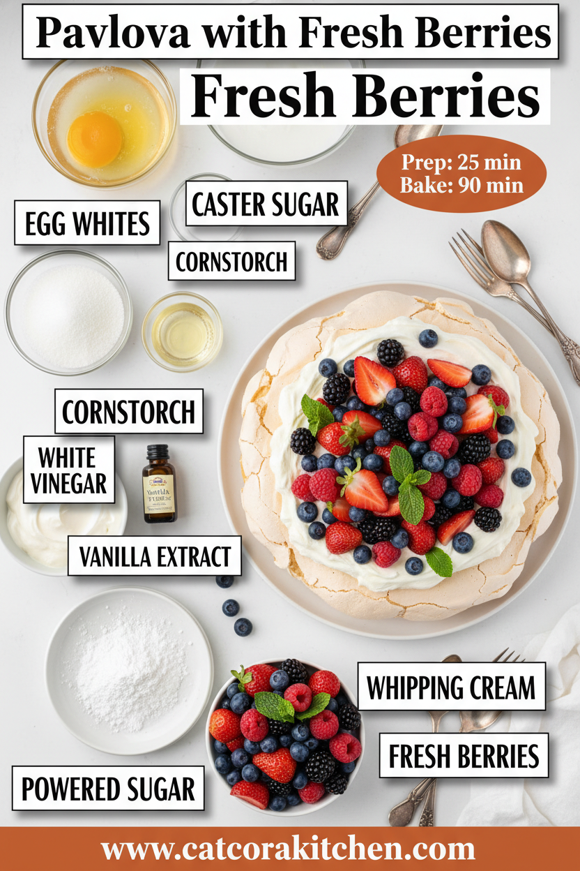 Pavlova with fresh berries ingredients
