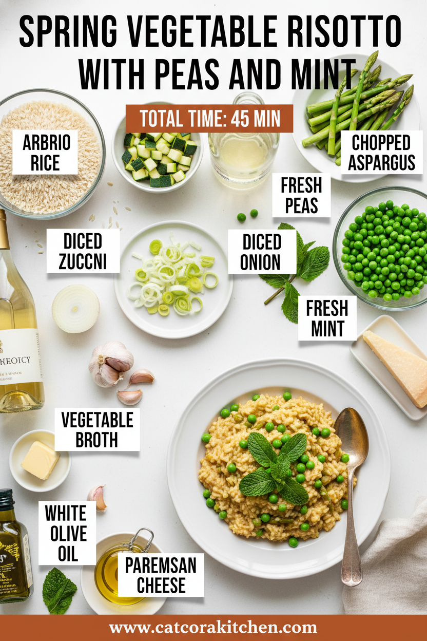 Spring vegetable risotto with peas and mint ingredients