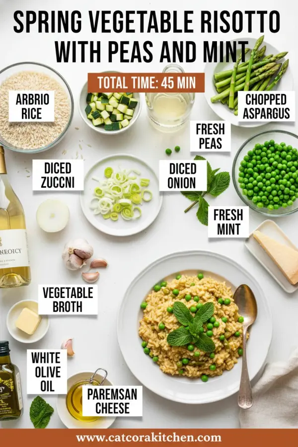 Spring vegetable risotto with peas and mint ingredients