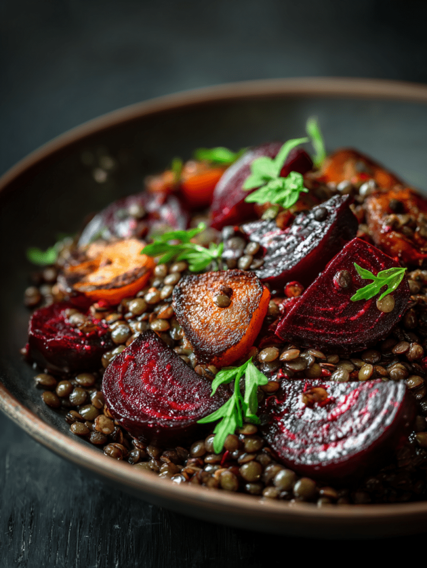warm lentil salad with roasted beets