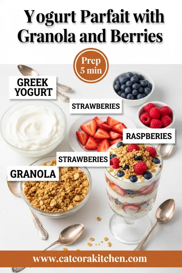 Yogurt parfait with granola and berries ingredients
